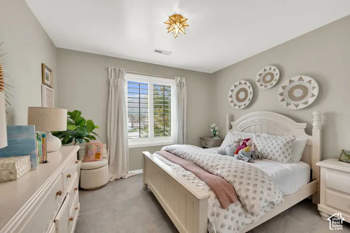 Neutral-toned walls, plush wall-to-wall carpeting, multi-pane window with custom interior shutters, and geometric starburst flush-mount ceiling fixture
