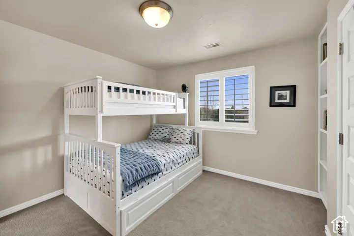 Neutral-toned room featuring plush carpeting, built-in shelving unit, and a window with horizontal security bars
