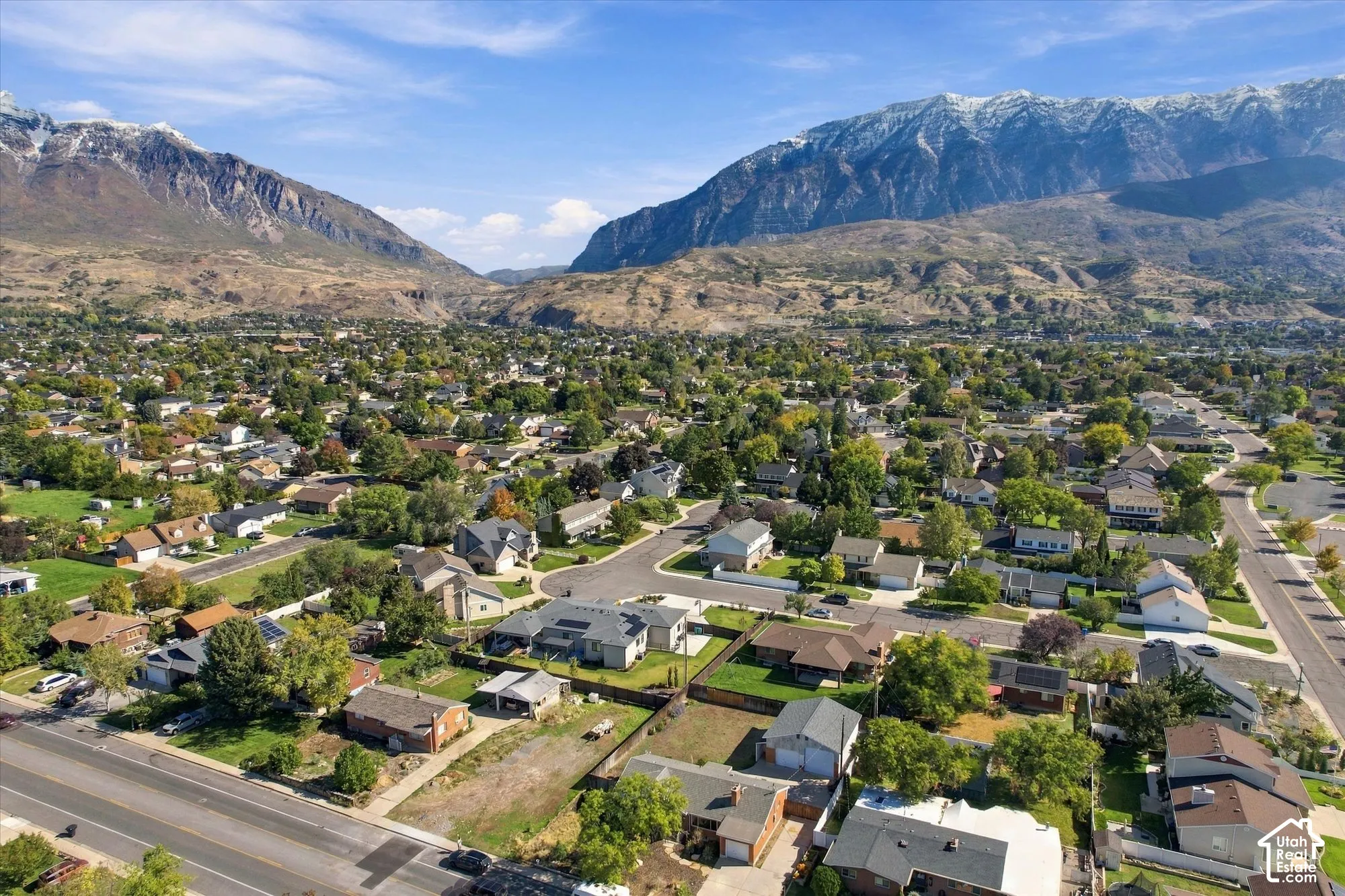 Aerial perspective featuring an established suburban neighborhood with mature tree canopy, asphalt street infrastructure, and a prominent mountain backdrop