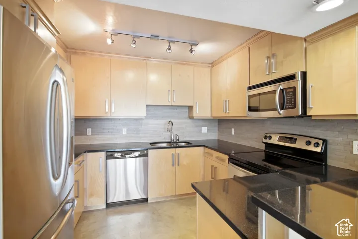 Kitchen featuring light-finish cabinetry, stainless steel appliances, dark countertops, a stone-tile backsplash, and track lighting