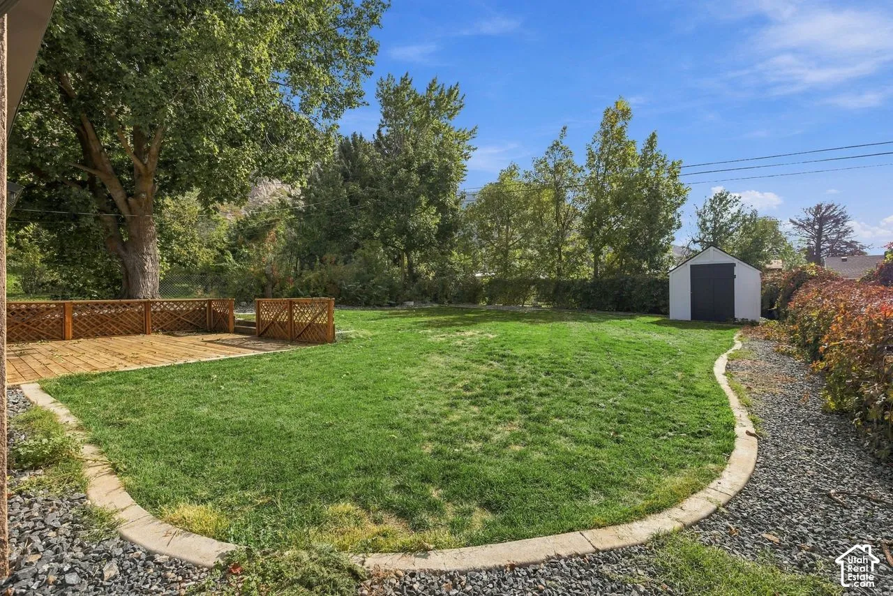 Backyard featuring a wood deck with lattice railing, a grass lawn, a curved concrete border, a detached storage shed, and mature trees