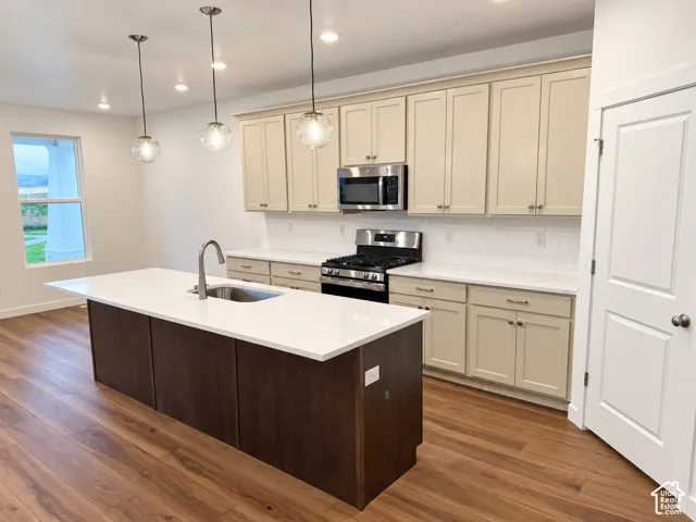 Kitchen featuring a central island with a solid-surface countertop and undermount sink, shaker-style cabinetry, stainless steel appliances, white tile backsplash, and wood-finish flooring