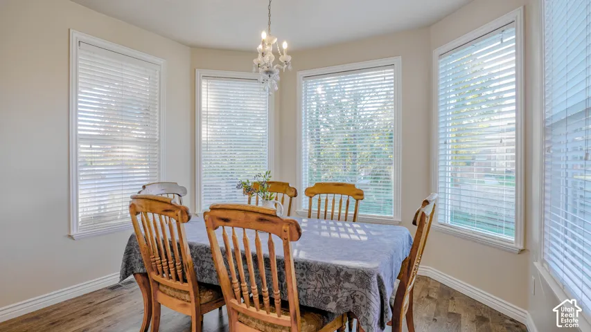 Bay window featuring multi-pane windows with horizontal blinds and wood-finish flooring, accented by a central chandelier
