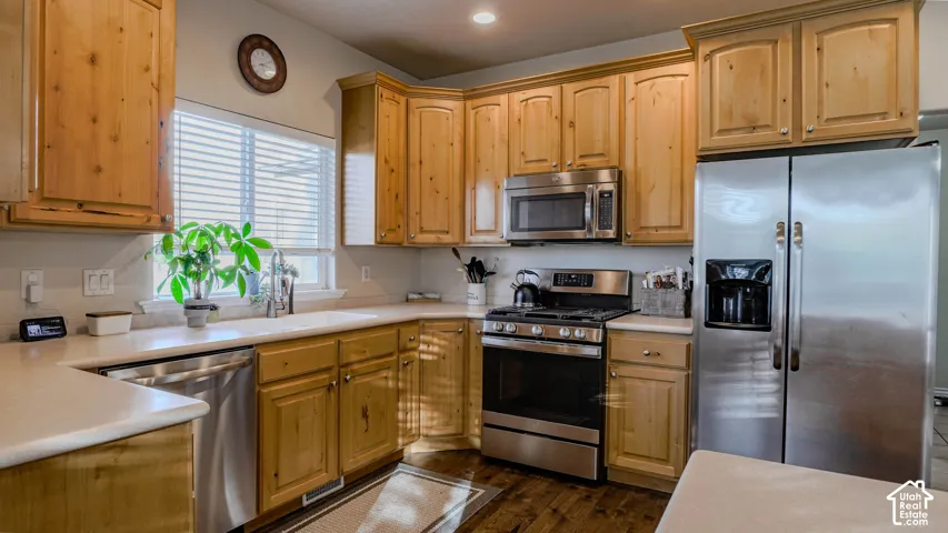 Kitchen featuring natural wood cabinetry, stainless steel appliances, solid surface countertops, and wood-finish flooring
