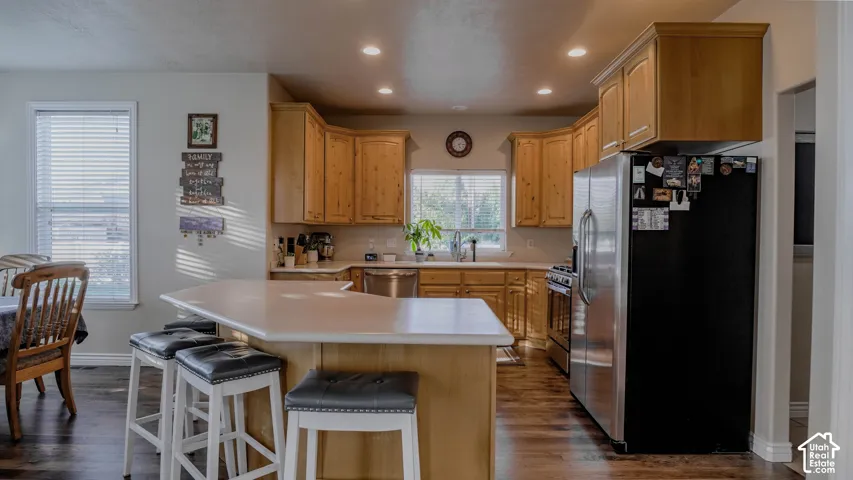 Kitchen featuring wood cabinetry, solid-surface countertops, wood-finish flooring, recessed lighting, and stainless steel appliances