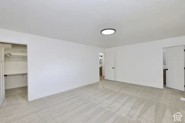Neutral-toned carpeting, flush-mount circular lighting, walk-in closet with built-in shelving, and shaker-style interior doors