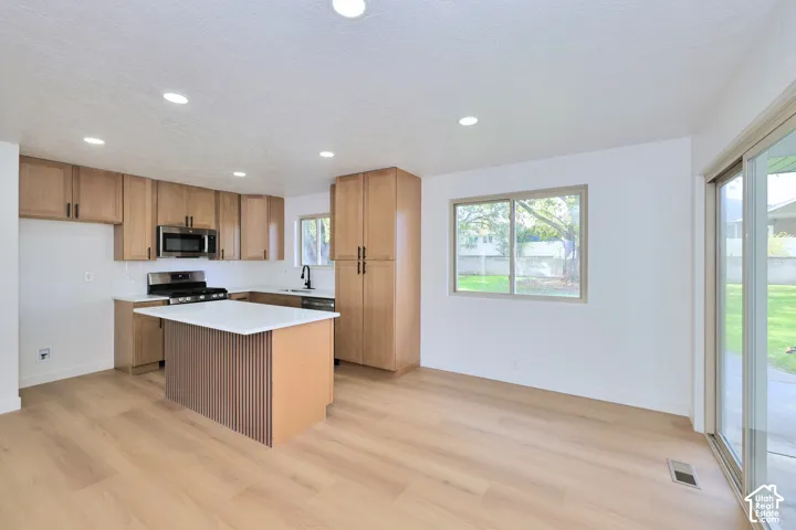 Kitchen featuring light-finish cabinetry, a center island with a stone-composite countertop, stainless steel appliances, wood-finish flooring, and sliding glass doors