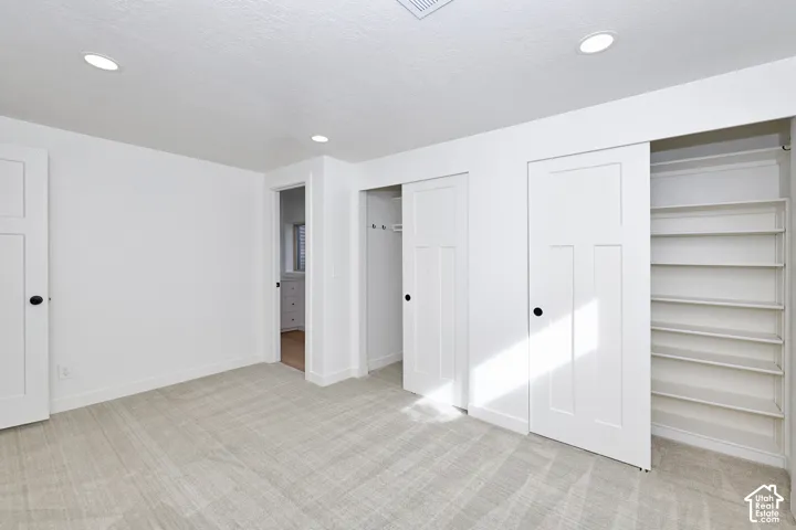 Neutral-toned carpeting, recessed ceiling lighting, three-panel interior doors with matte black hardware, and a built-in closet system with adjustable shelving