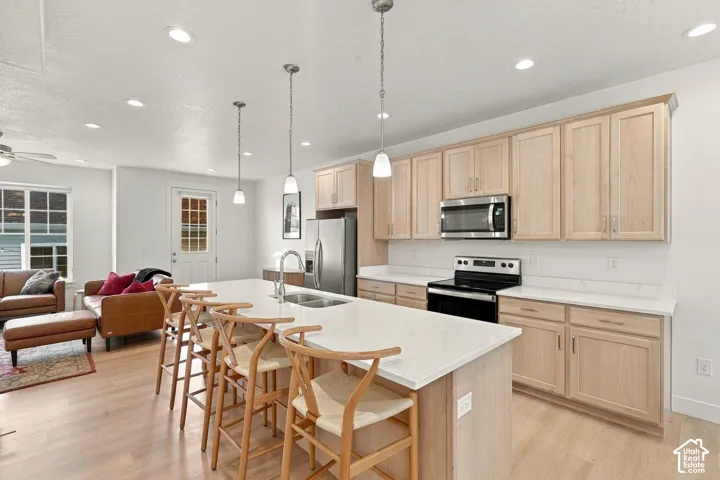 Kitchen featuring light-finish cabinetry, white countertops, a central island with a double-basin undermount sink, recessed ceiling lighting, and wood-finish flooring