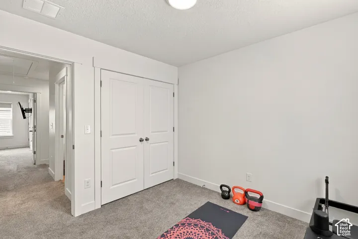 Interior space featuring neutral wall tones, carpeted flooring, and double-panel closet doors with overhead trim detailing
