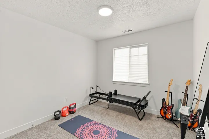 Neutral interior room featuring neutral wall paint, textured ceiling, carpeted flooring, and a sliding window
