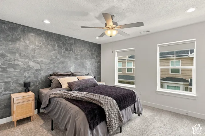 Textured gray accent wall, dual-toned carpeting, ceiling fan with integrated lighting, and dual windows