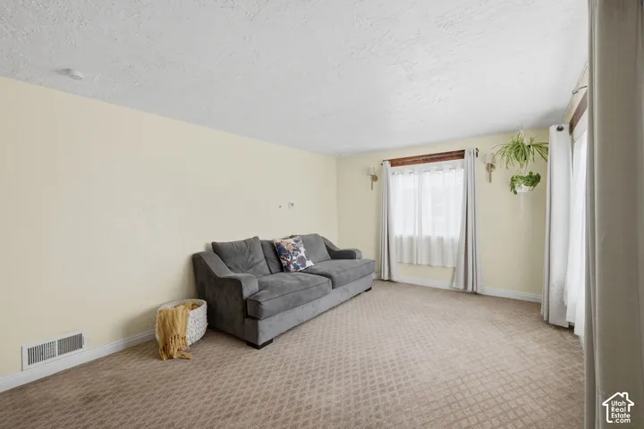 Neutral-toned walls, textured ceiling, wall-to-wall carpeting, and a window framed by wood trim