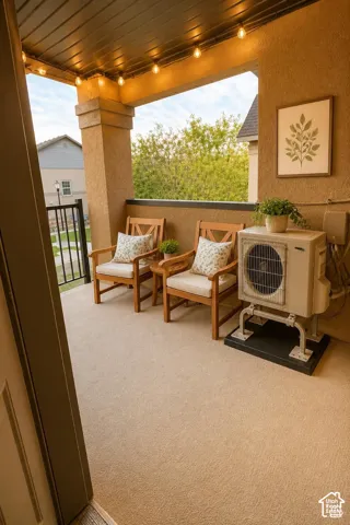 Covered balcony featuring textured stucco walls, a tongue-and-groove ceiling, and black metal railings. Decoration is digitally altered.