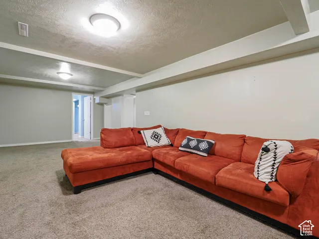 Neutral-toned interior space featuring carpeted flooring, smooth walls, and two flush-mount ceiling light fixtures