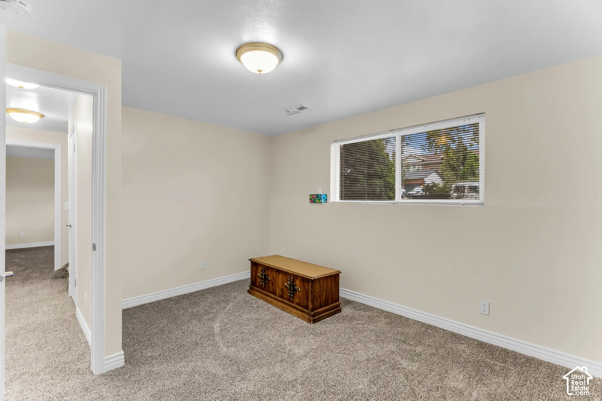 Neutral-toned interior space featuring carpeted flooring, a flush-mount ceiling light, and a horizontal window with installed blinds
