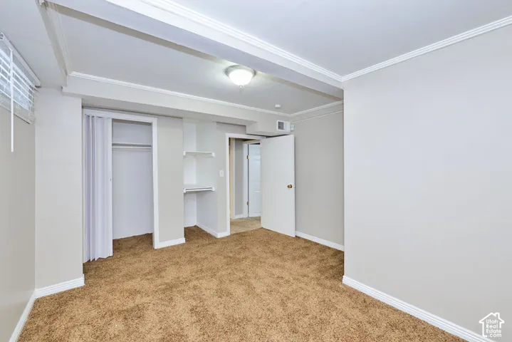 Room featuring neutral wall tones, carpeted flooring, a closet with a bi-fold door, built-in shelving, and crown molding