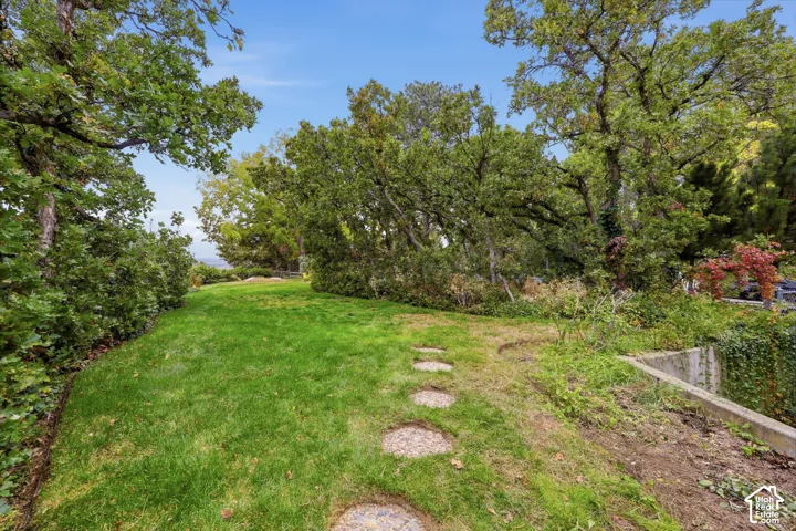 Backyard grounds featuring a manicured lawn, established mature trees, stone-paved path, and concrete retaining wall.