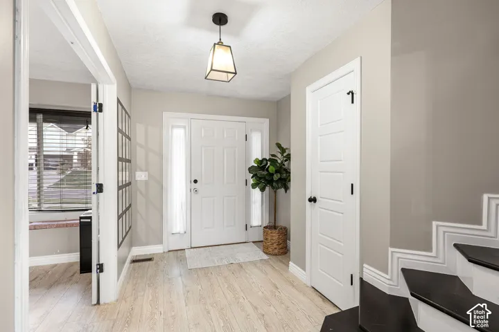 Entryway featuring a white paneled front door with side glass sidelights, wood-finish flooring, a geometric pendant light fixture, and a staircase with contrasting treads
