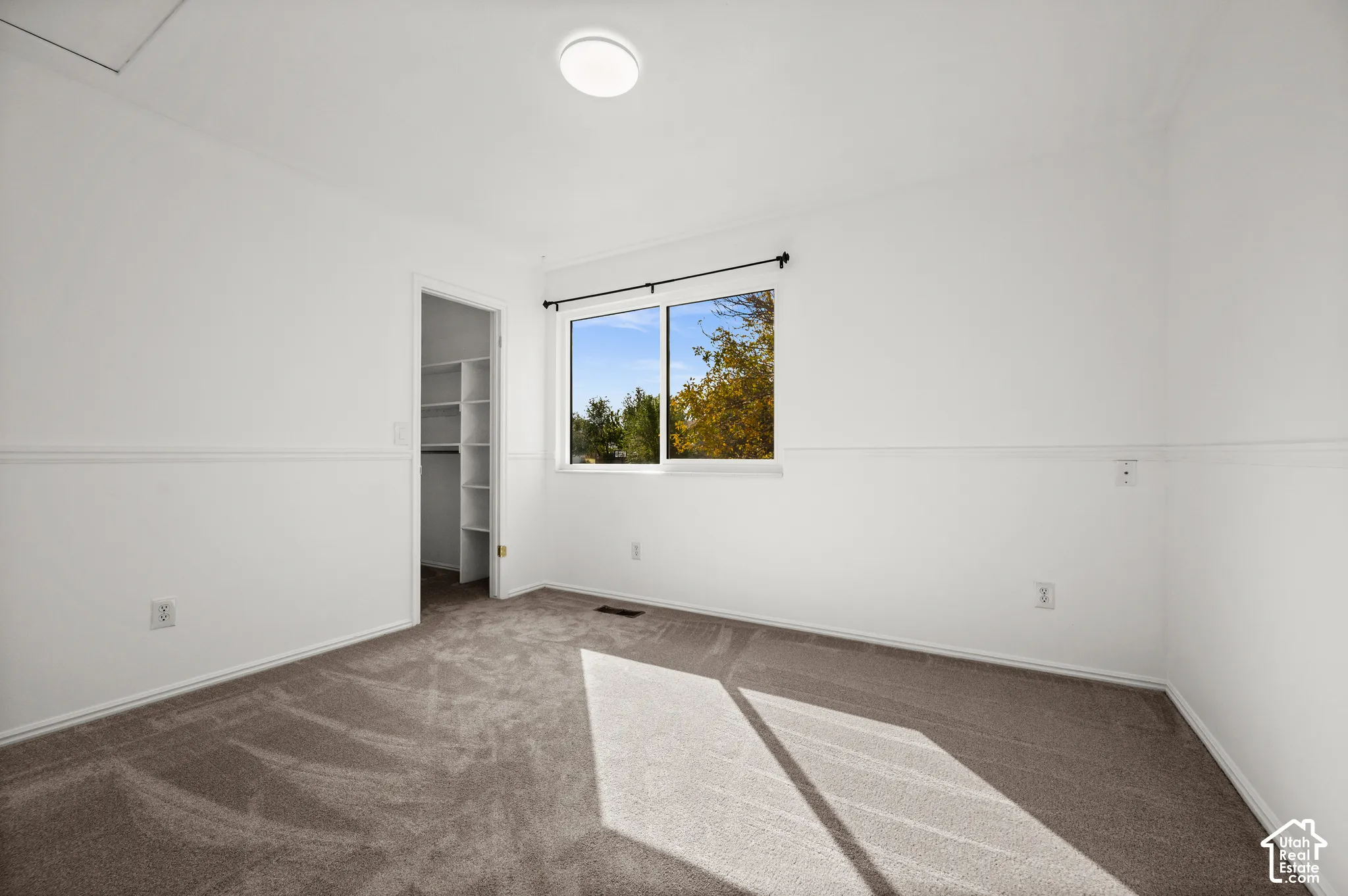 Neutral-toned carpeting, crisp white walls featuring chair rail molding, a sliding window with a curtain rod, and a walk-in closet with built-in shelving