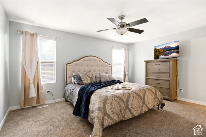 Neutral-toned room featuring wall-to-wall carpeting, two dual-pane windows, and a ceiling-mounted light fixture with a multi-blade fan