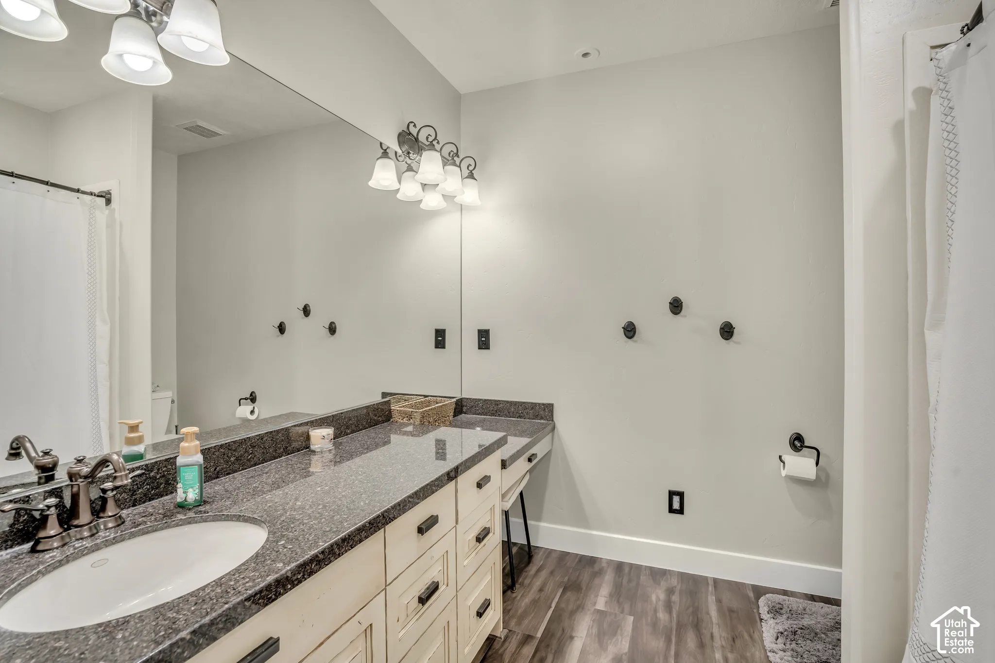Bathroom featuring a wide vanity with a stone-finish countertop, integrated oval basin, light-toned cabinetry, wood-finish flooring, and a full-width mirror with dual multi-light fixtures