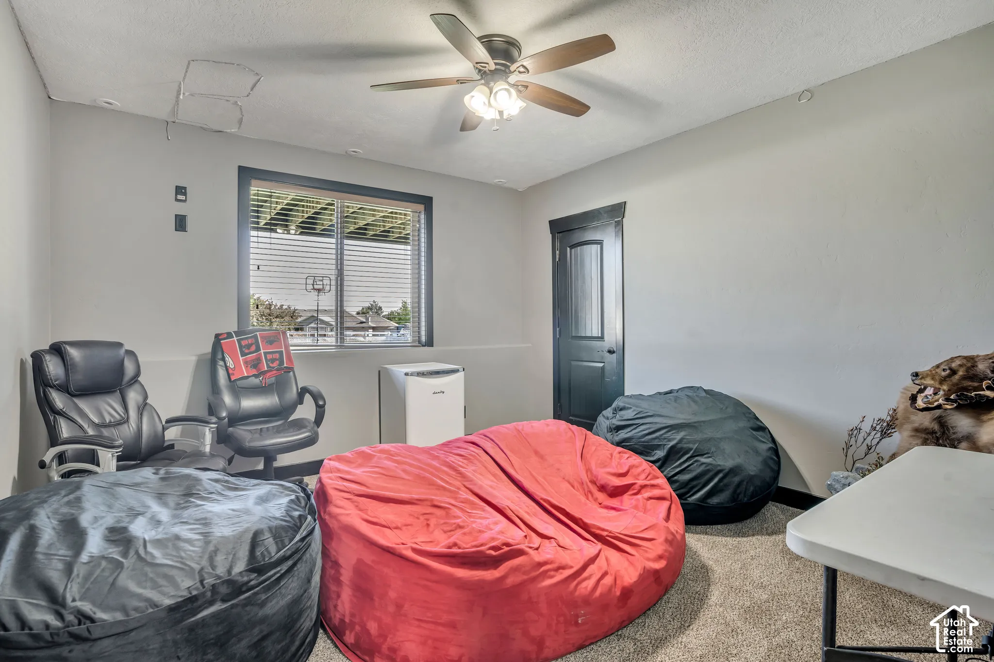 Neutral interior room featuring a ceiling fan with integrated lighting, neutral wall-to-wall carpeting, and a single-panel interior door with dark trim