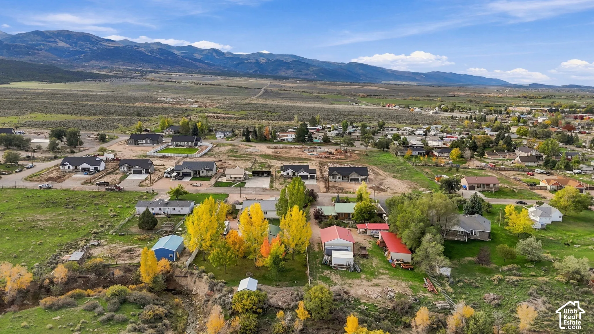 Aerial perspective featuring expansive acreage, mature deciduous trees, and prominent mountain range backdrop