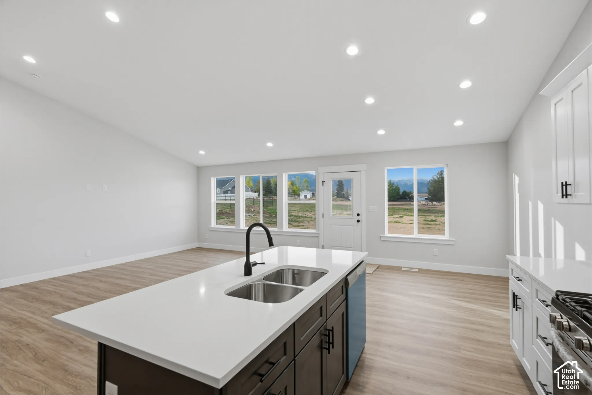 Open-concept kitchen featuring an oversized island with a double-basin stainless steel sink, quartz countertops, recessed lighting, and wood-finish flooring