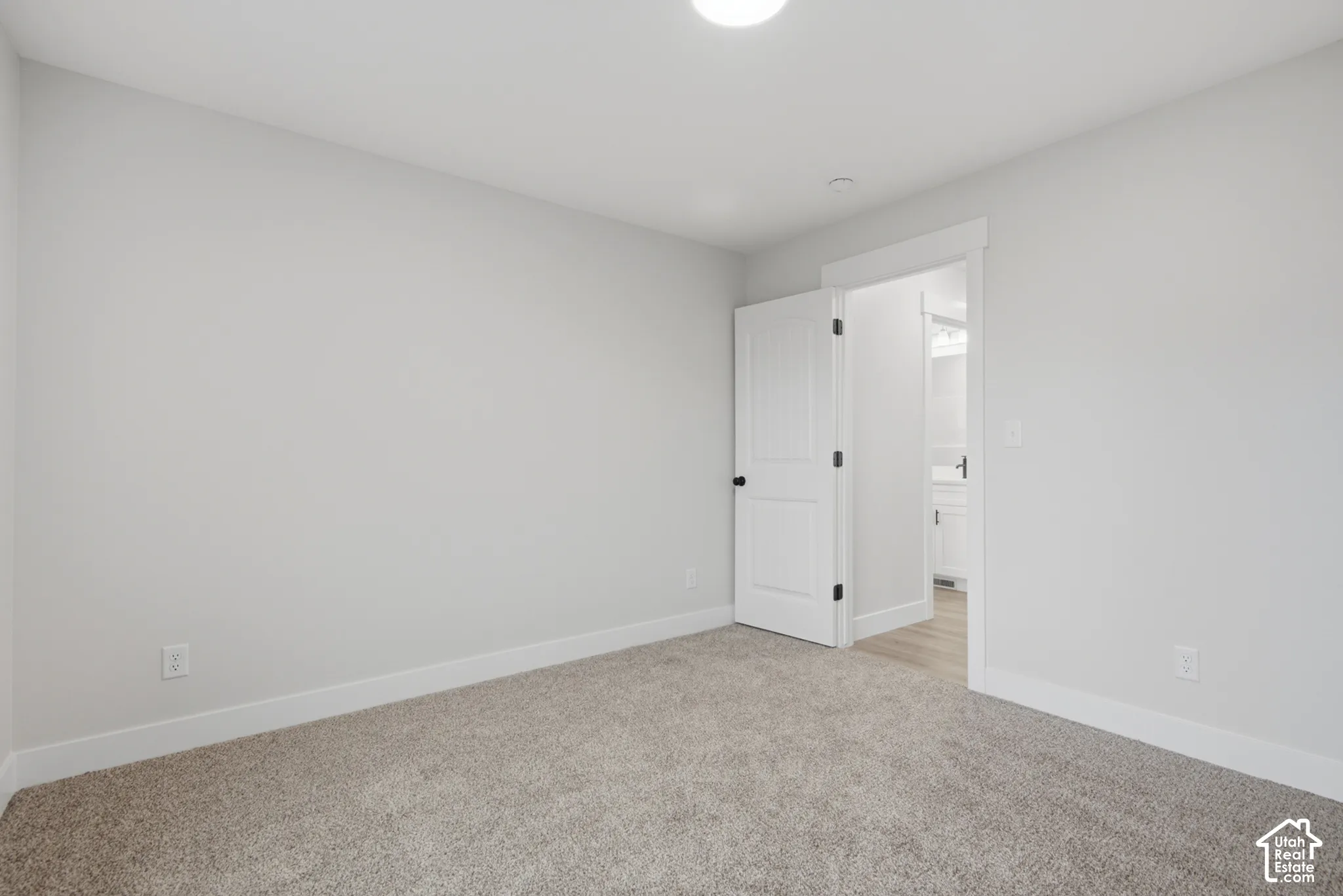 Neutral-toned interior featuring wall-to-wall carpeting, crisp white walls, and a multi-panel interior door with matte black hardware