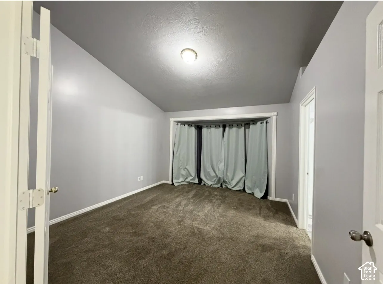 Vaulted ceiling featuring a centrally mounted flush-mount light fixture, wall-to-wall carpeting, and a recessed window nook