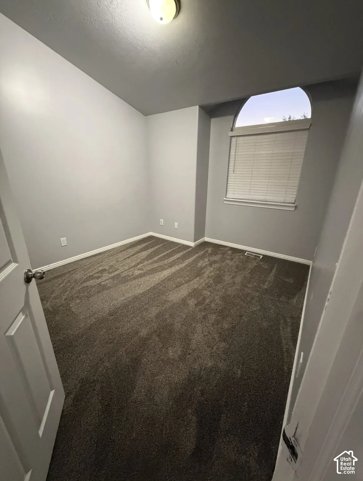 Room featuring vaulted ceilings, neutral-toned wall paint, plush carpeting, and an arched window with integrated blinds