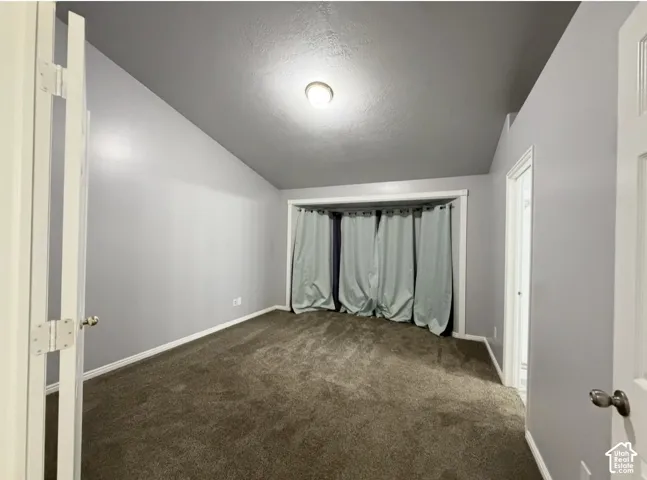 Vaulted ceiling featuring a centrally mounted flush-mount light fixture, wall-to-wall carpeting, and a recessed window nook