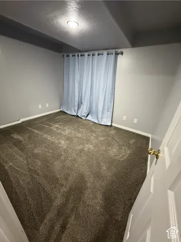 Neutral-toned interior space featuring textured wall-to-wall carpeting, recessed ceiling lighting, and a six-panel door with brass-finish hardware