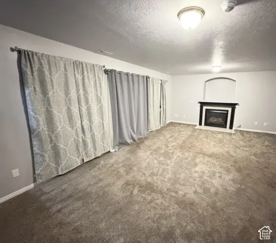 Fireplace with a black surround and arched recessed niche, wall-to-wall carpeting, and ceiling-mounted light fixtures