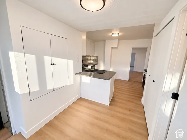 Kitchen featuring wood-finish flooring, white cabinetry, a peninsula with a dark countertop, and flush-mount ceiling lighting