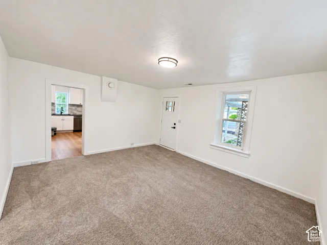 Neutral interior room featuring neutral-toned carpeting, white walls, a flush-mount ceiling light fixture, and an exterior door with a window pane
