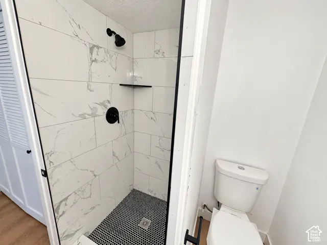 Walk-in shower featuring large-format patterned wall tile, penny round mosaic floor tile, matte black fixtures, and a built-in corner shelf