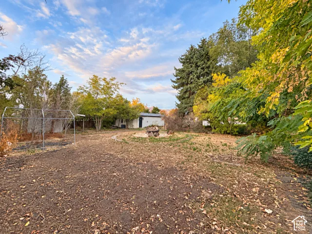 Expansive backyard featuring mature trees, a circular stone-bordered fire pit, and a detached structure