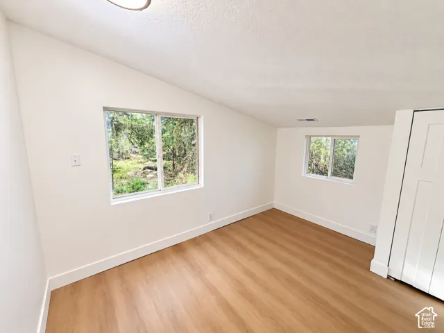 Interior space featuring a sloped ceiling, wood-finish flooring, dual windows with natural landscape exposure, and built-in closet cabinetry