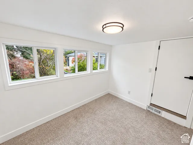 Neutral-toned carpeting, triple sliding-window configuration, flush-mount circular light fixture, and solid-core interior door with matte black hardware