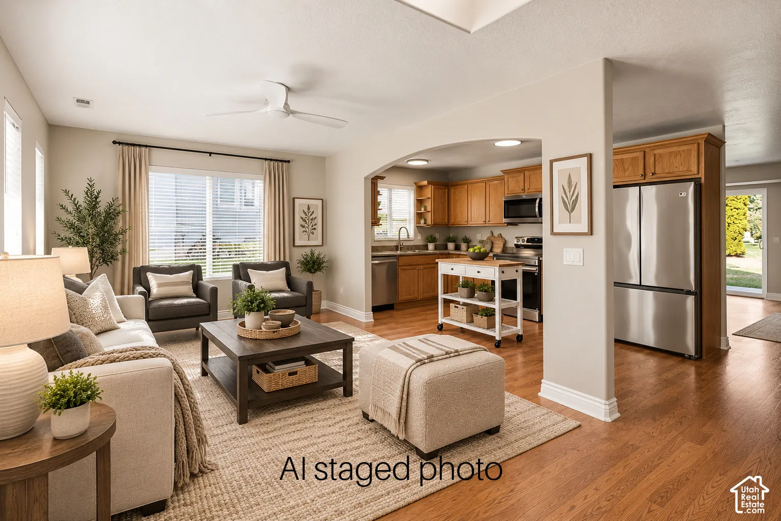Open-concept interior featuring wood-finish flooring, a kitchen with natural wood cabinetry and stainless steel appliances, an arched entryway, and a ceiling fan