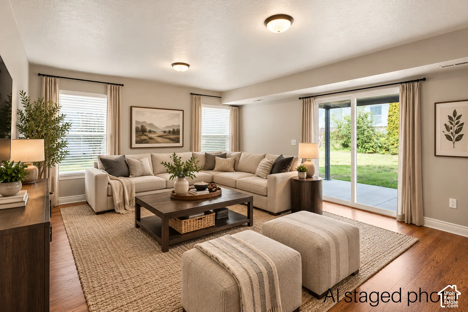 Living area featuring wood-finish flooring, recessed ceiling lighting, horizontal window blinds, and sliding glass doors with access to a concrete patio