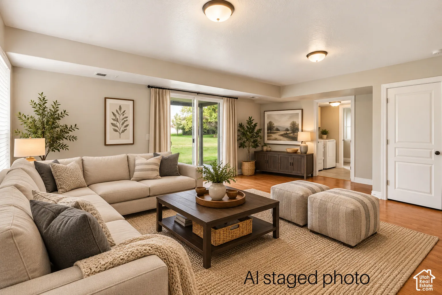 Living area featuring wood-finish flooring, flush-mount ceiling lighting, and sliding glass doors