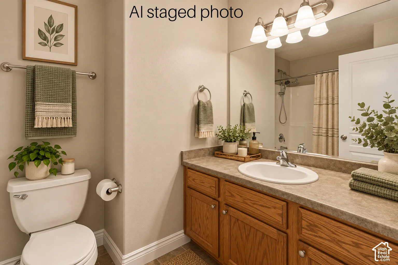 Bathroom featuring a wooden vanity, integrated stone-finish countertop with an oval basin, wall-to-wall vanity mirror, multi-bulb overhead lighting, and a shower-tub combination with a handheld showerhead