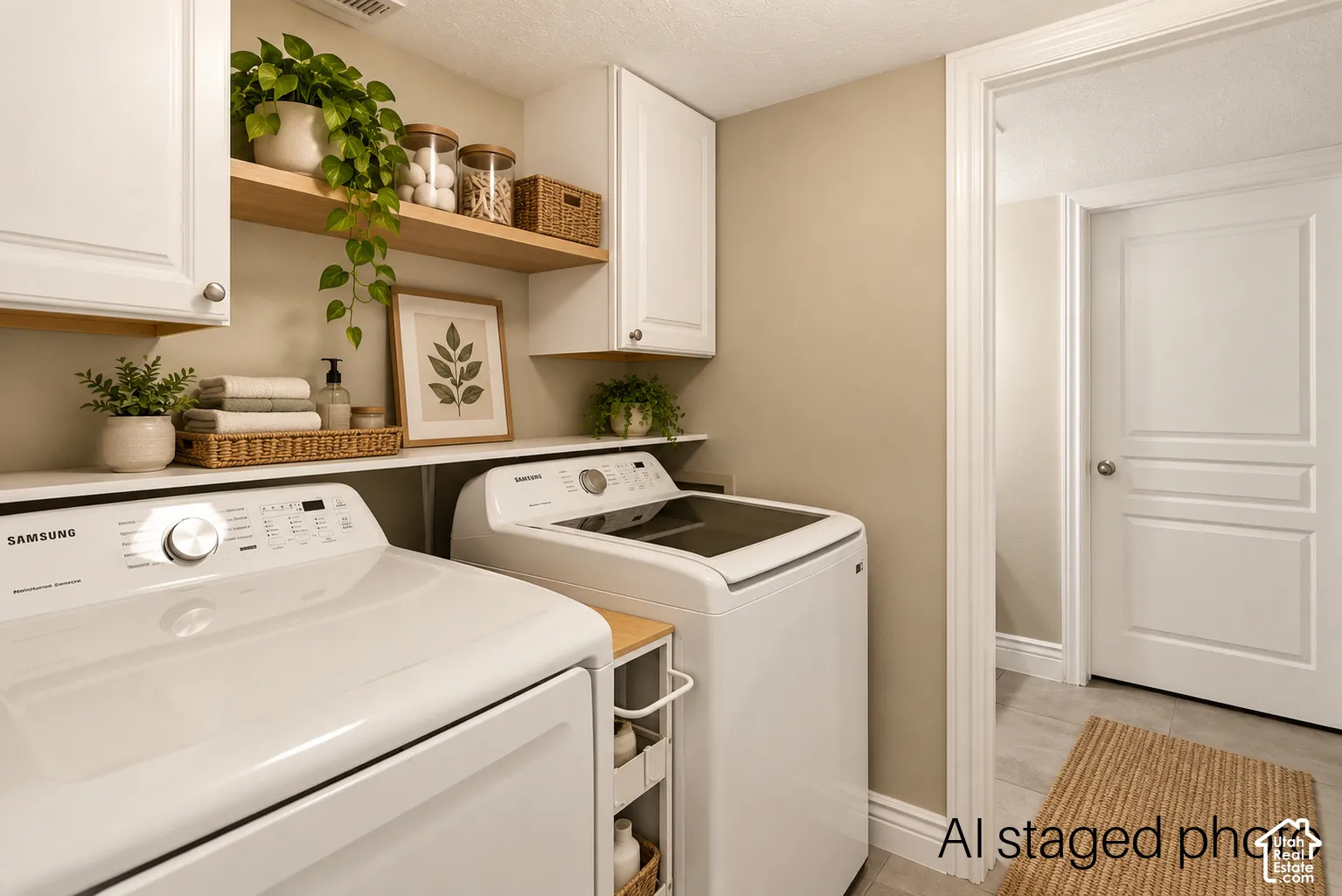 Laundry space featuring white shaker-style wall cabinetry, natural wood-finish open shelving, and neutral-toned wall paint
