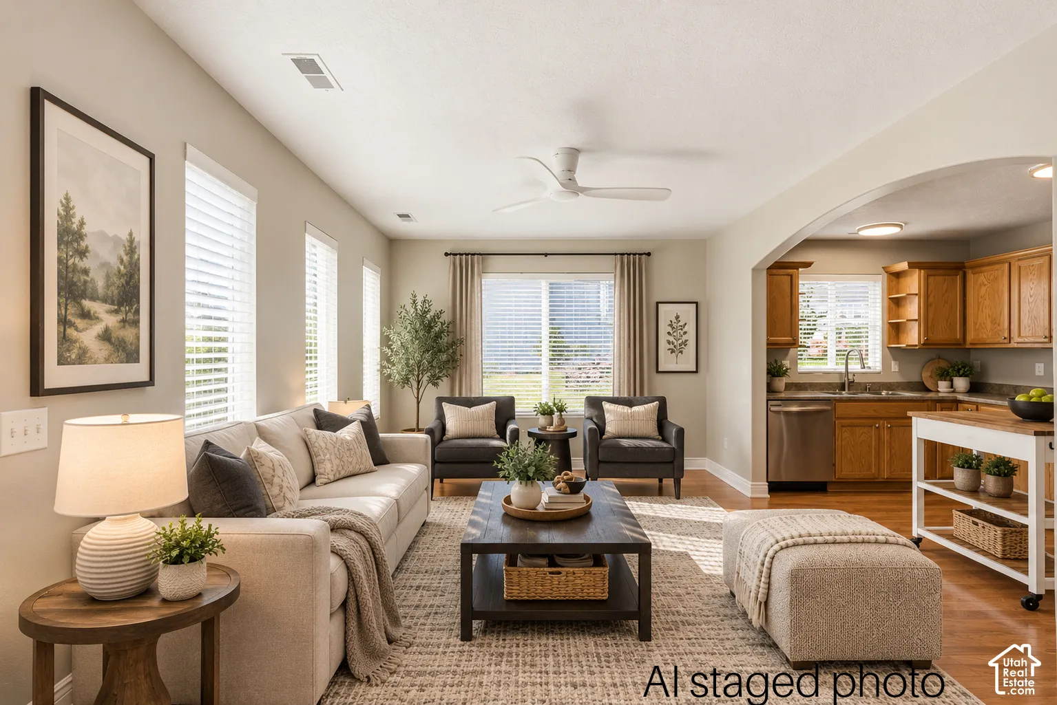 Vaulted ceiling with a white overhead fan, light-toned wall finishes, multi-window configuration with blinds, arched wall opening, and wood-finish flooring