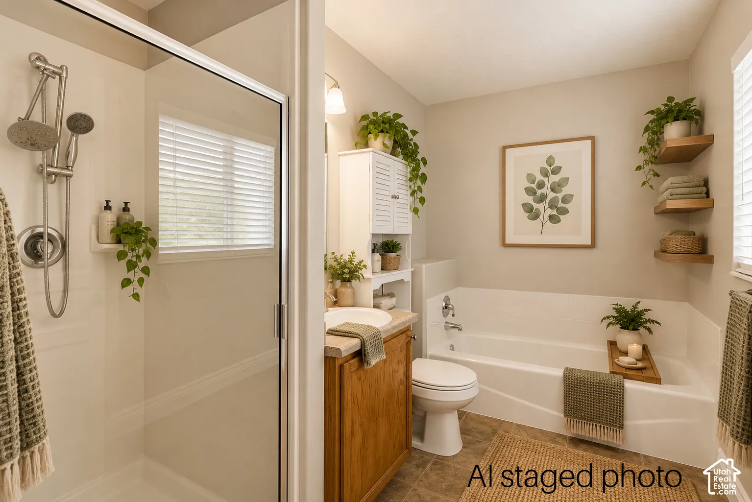 Bathroom featuring a walk-in shower with chrome fixtures, a wood-finish vanity, a standard soaking tub, and wall-mounted floating wood shelving