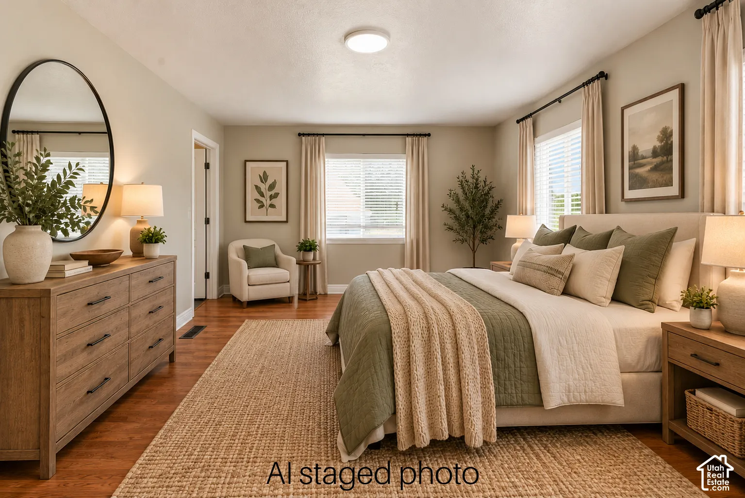 Neutral-toned walls, wood-finish flooring, dual windows with black-finish hardware, and a ceiling-mounted flush light fixture