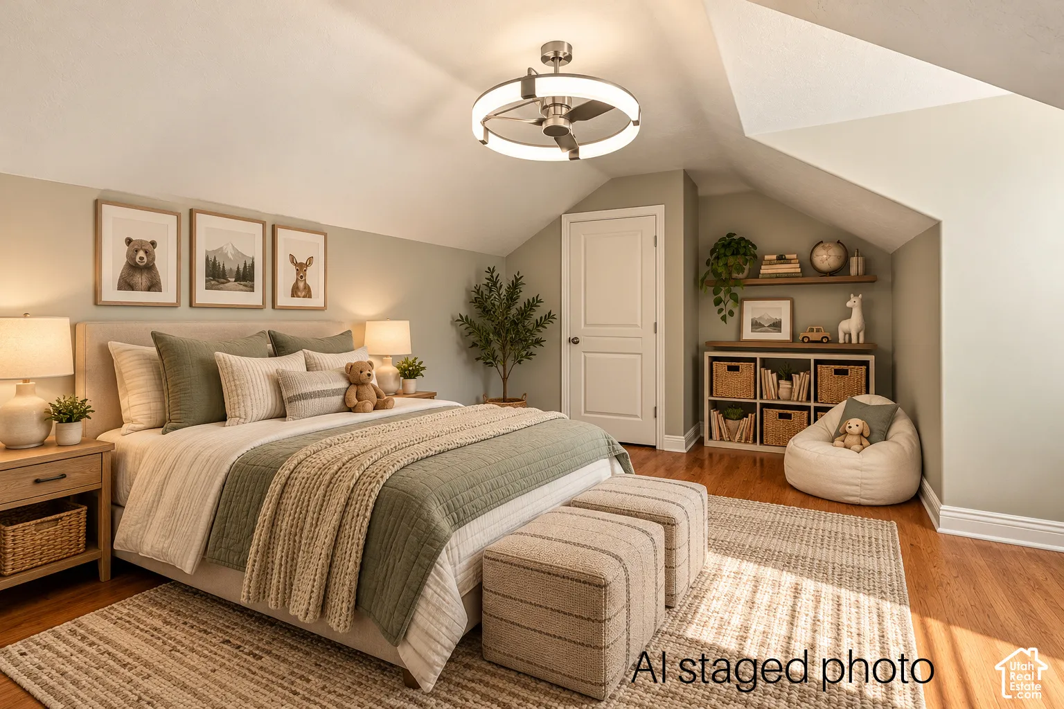 Vaulted ceiling, hardwood flooring, recessed wall shelving, and modern circular flush-mount light fixture